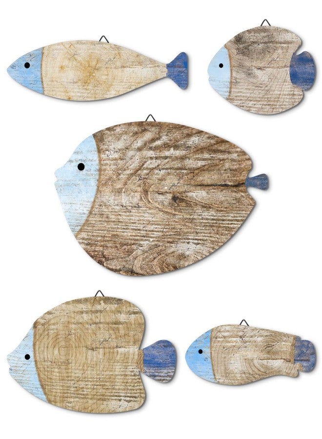 Putuo Decor 5 Pcs Rustic Weathered Wood Fish Wall Art Beach Nautical Wall Hanging Decor Ocean Fish Wall Sculpture for Home Bathroom Bedroom Lake House - Image 1